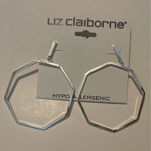 Octagon shaped drop hoop earrings - silver